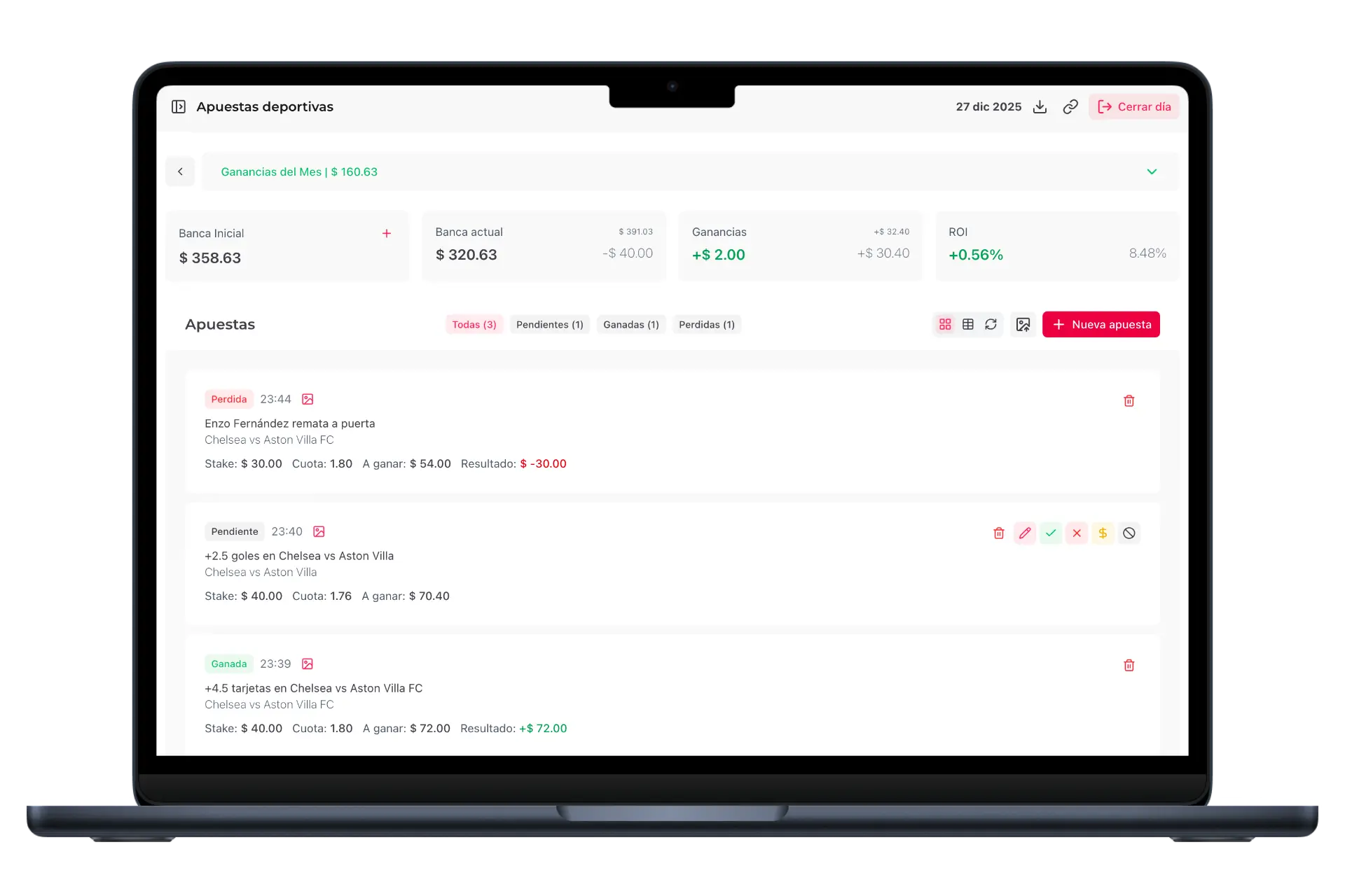 Vista de la aplicación Betsago mostrando el registro de apuestas y estadísticas